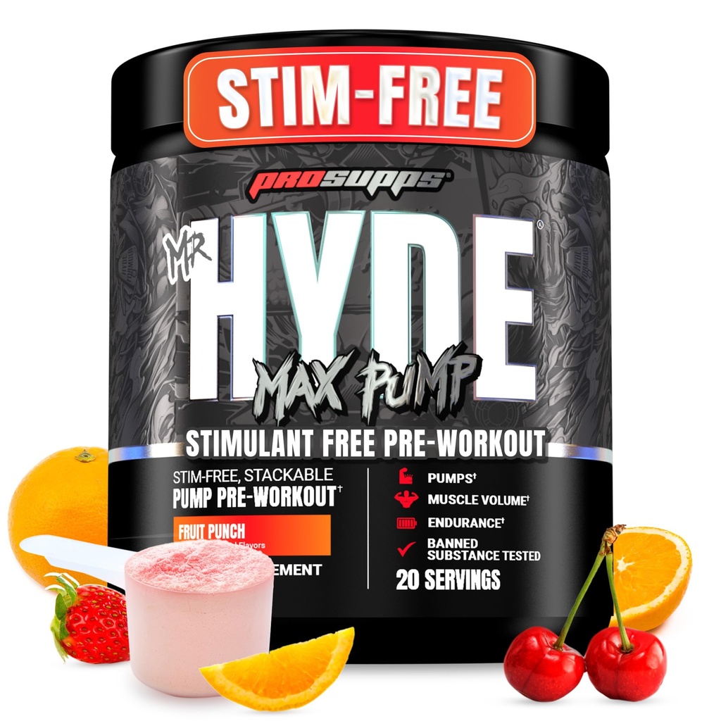 PROSUPPS Mr. Hyde Max Pump Pre Workout Powder - Stim-Free Preworkout Supports Blood Flow, Muscle Volume & Endurance - Caffeine-Free Nitric Oxide Gym & Fitness Supplements(フルイトパンチ、20サービング)