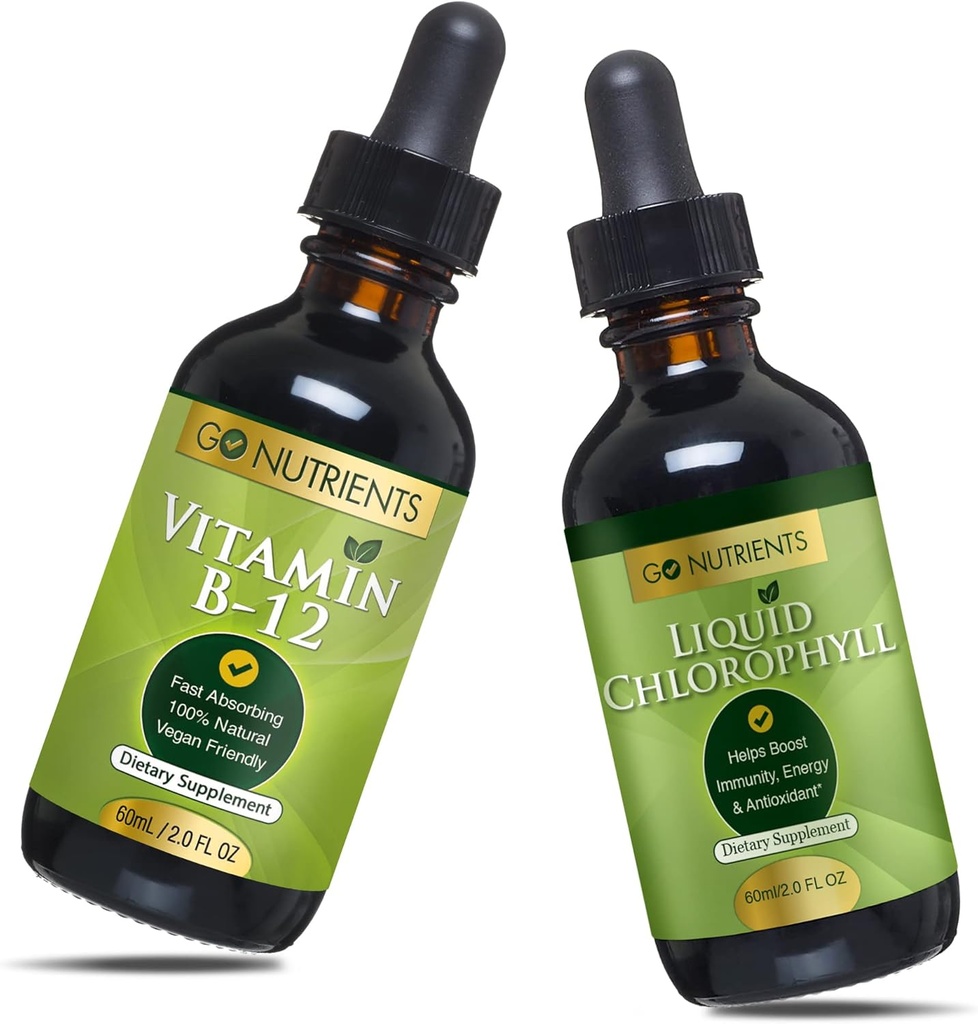 ゴーNutrientsビタミンB12 2オンス&液体クロロフィル60 ml GMOフリー、ビーガンフレンドリー、グルテンフリー、大豆フリー、液体クロロフィルビーガンフレンドリーB12サブリンガルサプリメント3000 mcgメチルコバラミン