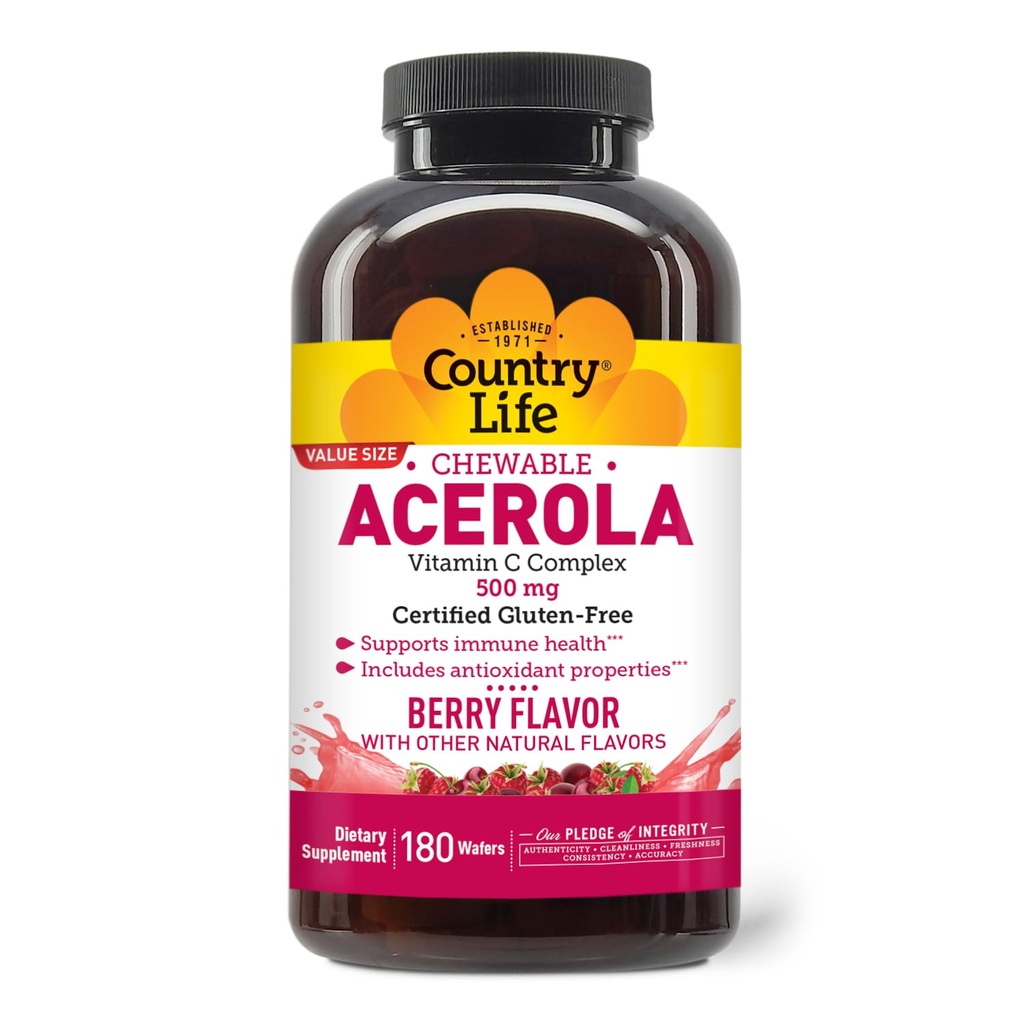 カントリーライフAcerolaビタミンCコンプレックス、500mg、Chewableベリー風味のウエファー、サポート免疫の健康、180のウエファー、GFCOによって証明されたグルテンフリー、AVAによって証明されたビーガン