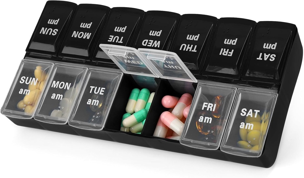 7日毎週AM PM Pillのオルガナイザー、2回Pillsのビタミンの補足の薬のための大きい丸薬の箱(Black+Whiteの2回)