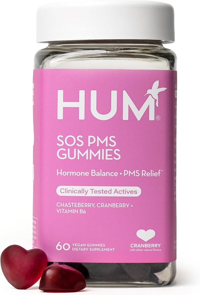 HUM Nutrition SOS PMS Gummies, PMS Support Supplement for Women, Support Cycle Symptoms, Bloating, Hormonal Balance, Includes Vitamin B6, Cranberry & Chasteberry Vitex, Gluten Free, 60 Vegan Gummies