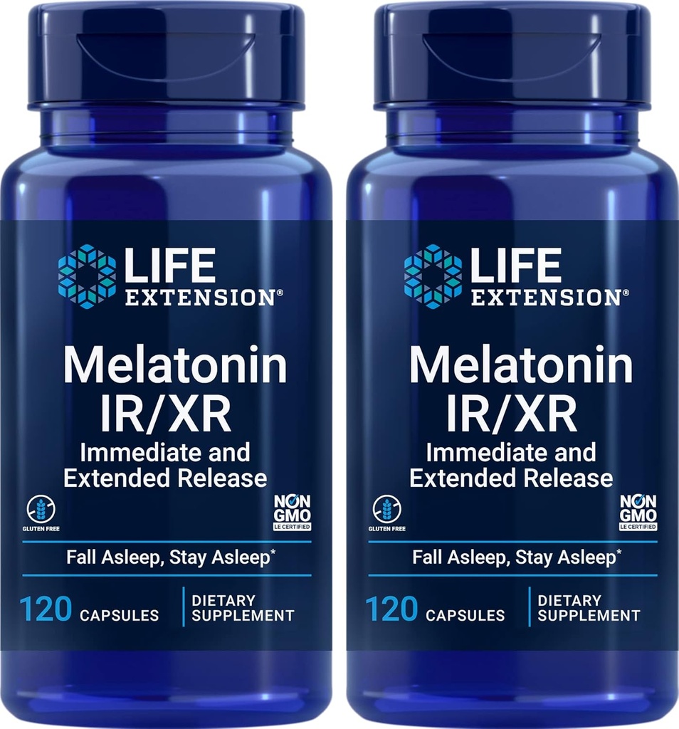 Life Extension Melatonin IR/XR, 120 Capsules (Pack of 2) - Immediate & Extended-Release for 7 Hours Support - Night Time Supplement - Stay Asleep All Night Long - Non-GMO, Gluten-Free
