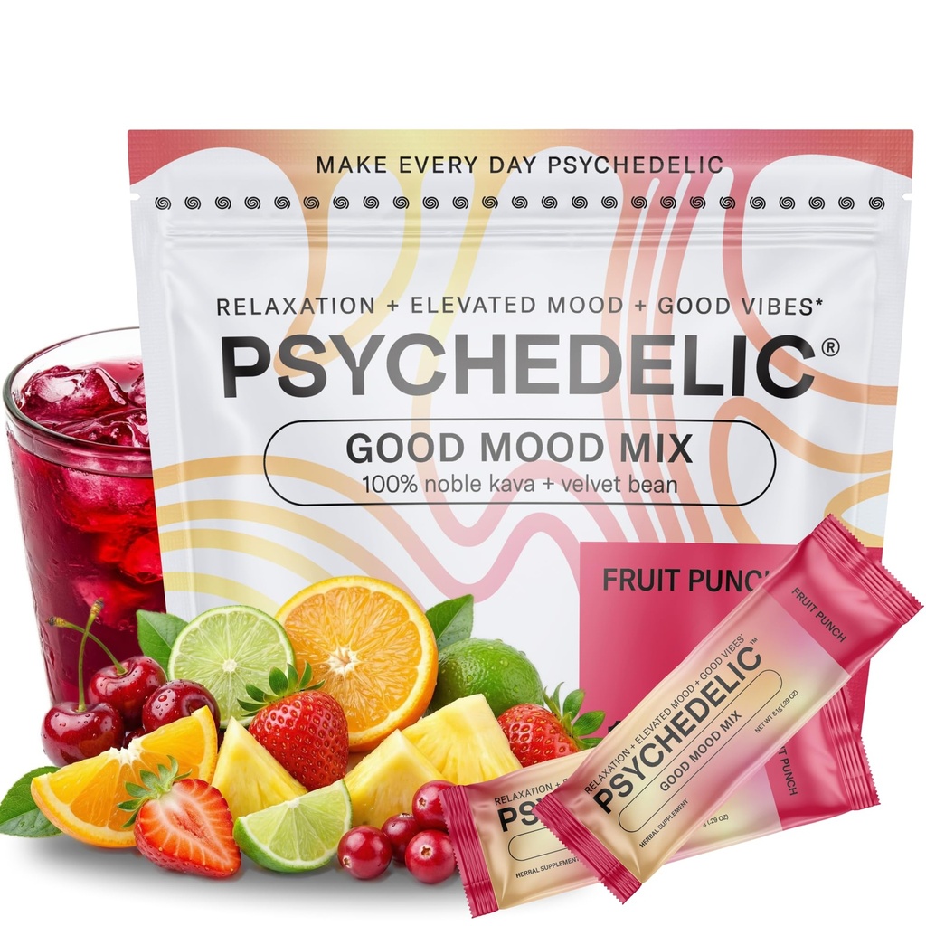 Psychedelic Water Good Mood Mix - Fruit Punch - Powder Packets - Calming Kava Drink Mix - Easy Open Single-Serving - Flavored Kava Powder - Mucuna Pruriens - Stevia - Adaptogen Drink Mix - 14 Stick