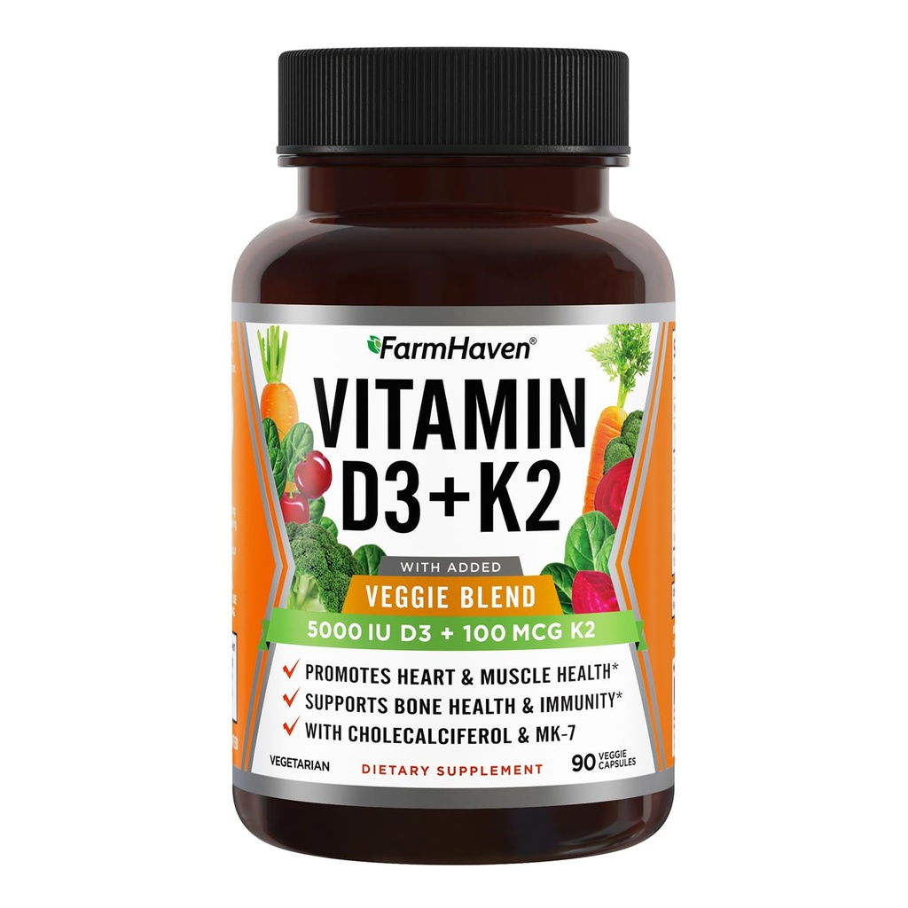 FarmHaven ビタミン D3 K2 カプセル - 5000 IU D3 および 100 mcg K2 - Veggie フルーツのブレンドが付いている Cholecalciferol MK7 -免疫システム及び中心の健康のためのビタミン D K2 の補足 - ベジタリアン、非GMO、90 帽子