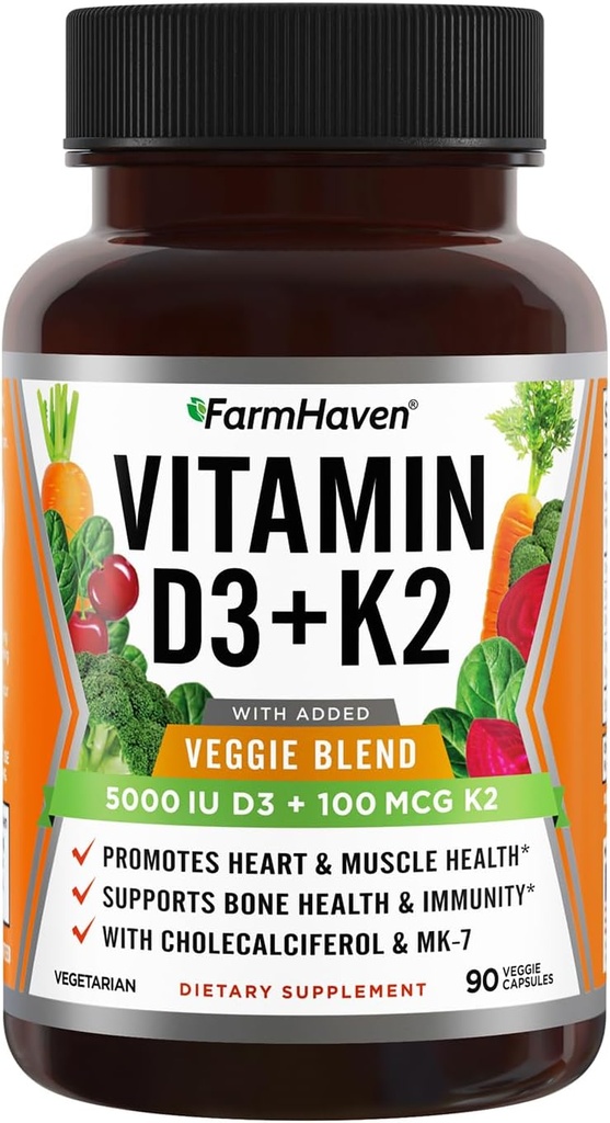 FarmHaven ビタミン D3 K2 カプセル - 5000 IU D3 および 100 mcg K2 - Veggie フルーツのブレンドが付いている Cholecalciferol MK7 -免疫システム及び中心の健康のためのビタミン D K2 の補足 - ベジタリアン、非GMO、90 帽子