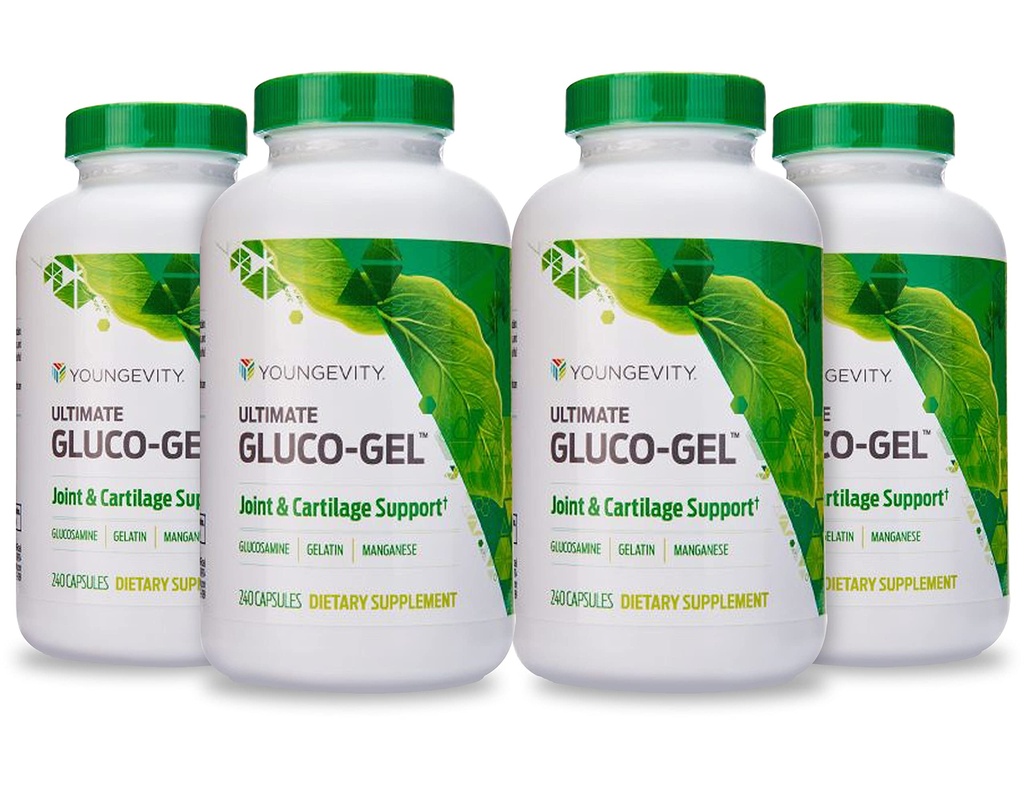 Youngevity Ultimate Gluco-Gel -for Bones, Tendons, Bones & Cartilage | Contains Glucosamine, Gelatin & Manganese | 240 Capsules | 4 Bottle