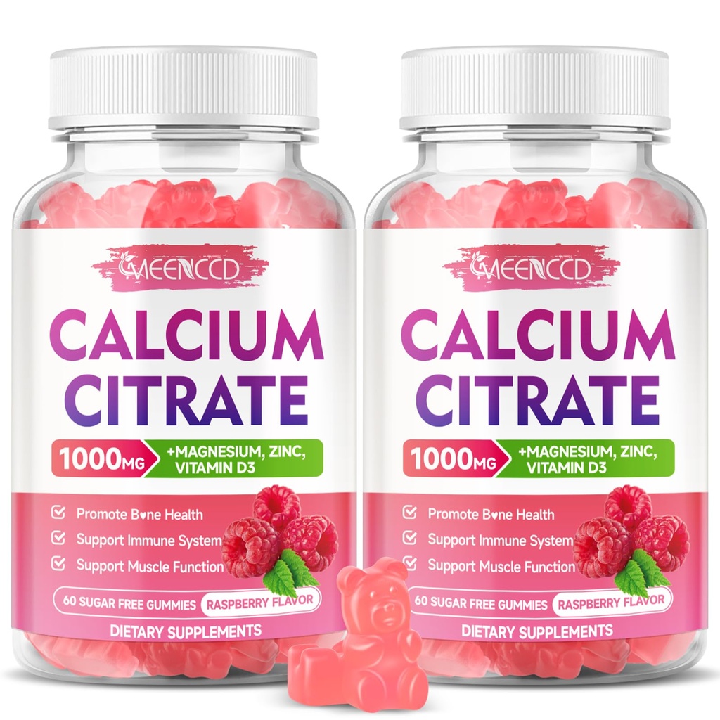 2つのパックのカルシウム クエン酸塩のガミー1000mg w/Vitamin D3の女性の及び人のための高い吸収のカルシウム ガミー、プラスのマグネシウム、カリウム、筋肉及び免疫、ラズベリーの味、120の計算のための亜鉛