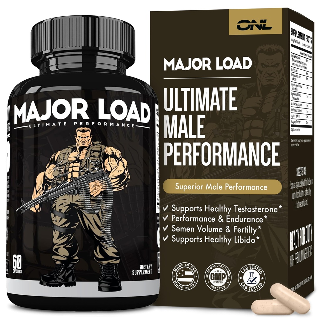 ONL Major Load Testosterone Booster for Men - Semen Volume Booster - Libido Booster for Men with Horny Goat Weed, Maca Root, Tongkat Ali - Energy, Stamina & Strength - 60 Caps, Non-GMO, Made in USA