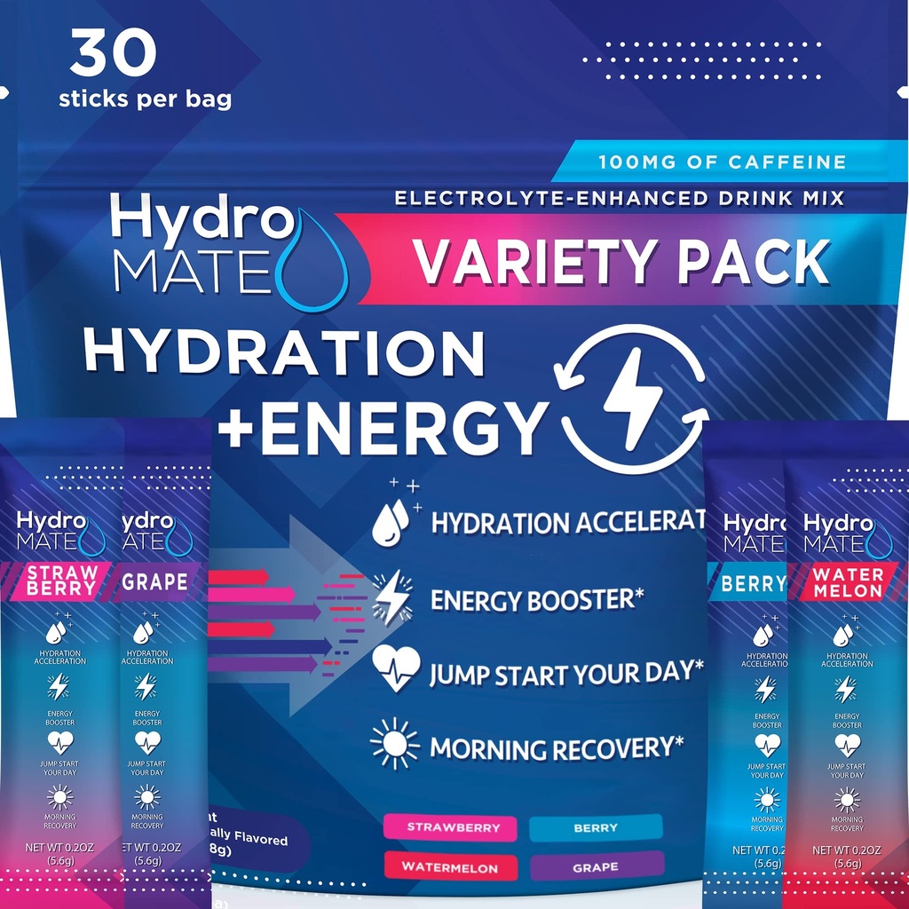 HydroMATE 電解液 パウダー ドリンク ミックス パケット ハイドレーション アクセラレータ 低糖 パーティー お気に入り のために Rapid Recovery Vitamin C Plus Caffeine Variety Pack - 30 カウント