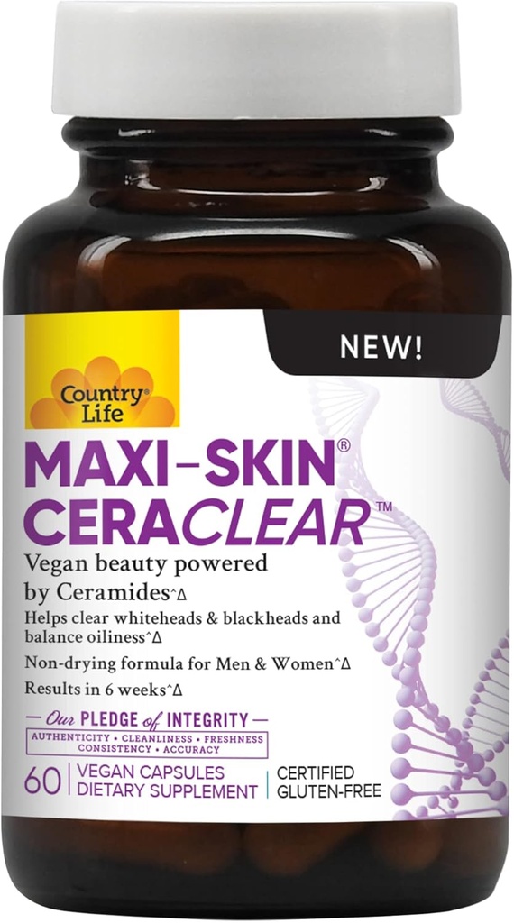 カントリーライフマキシスキンCeraClear、60ビーガンカプセル - 臨床的にクリアをサポートするためにKonjac Rootセラミドをスタディ、水和肌&Hyperpigmentationを改善する - グルテンフリー、ビーガン、コシャ