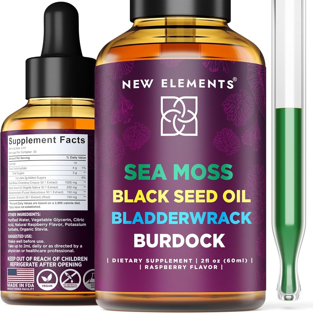 Organic Sea Moss Liquid Extract with Black Seed Oil, Bladderwrack & Burdock Root | 1000mg Irish Sea Moss Drops | 4 in 1 Advanced Formula 4X Stronger | Raspberry Flavor | Vegan | Non-GMO | Gluten-Free