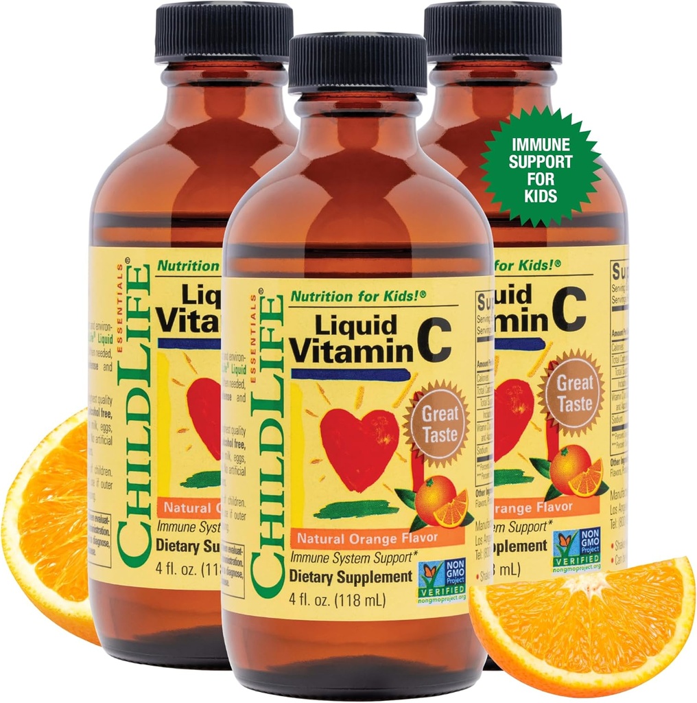 CHILDLIFE ESSENTIALS Liquid Vitamin C - Pure Vitamin C Liquid Supplement for Kids, Immune System Support, Great Taste - Natural Orange Flavor, 4 Fl Oz (Pack of 3)