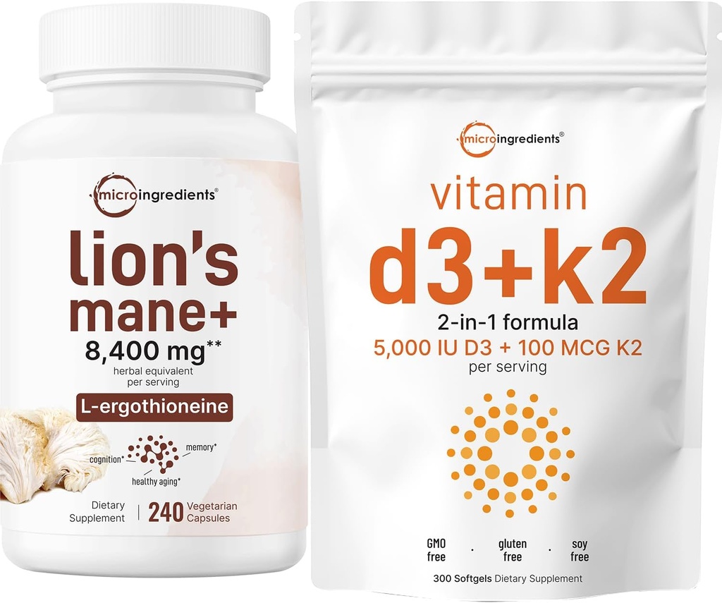 マイクロ成分ビタミンD3 5,000iu + K2 100mcg Softgels & Lions Mane Supplement 240 Veggieカプセルバンドル2パック | エッセンシャルサンシャインビタミン | L-Ergothioneineのスーパーフード茸抗酸化剤