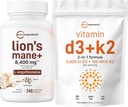 マイクロ成分ビタミンD3 5,000iu + K2 100mcg Softgels & Lions Mane Supplement 240 Veggieカプセルバンドル2パック | エッセンシャルサンシャインビタミン | L-Ergothioneineのスーパーフード茸抗酸化剤