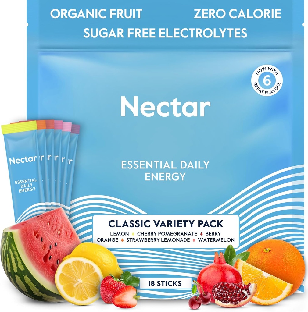Nectarエネルギーブースター - 有機カフェイン、B12&電解 - 砂糖無料&ゼロカロリー - 健康的なコーヒー、エネルギードリンク&ソーダ代替 - 水分補給&エネルギーサプリメント(Variety 18パウダーパケット)