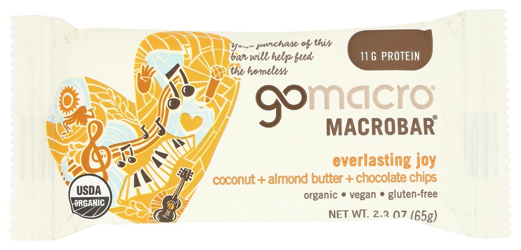 GoMacro MacroBar, オーガニックビーガンプロテインバー, ココナッツ, アーモンドバター + チョコレートチップ, 2.3 オーアンス