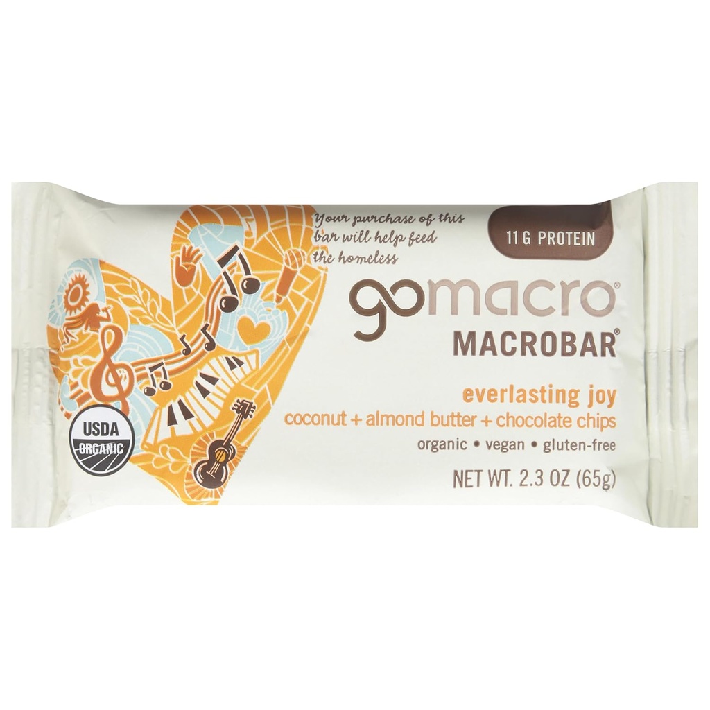 GoMacro MacroBar, オーガニックビーガンプロテインバー, ココナッツ, アーモンドバター + チョコレートチップ, 2.3 オーアンス