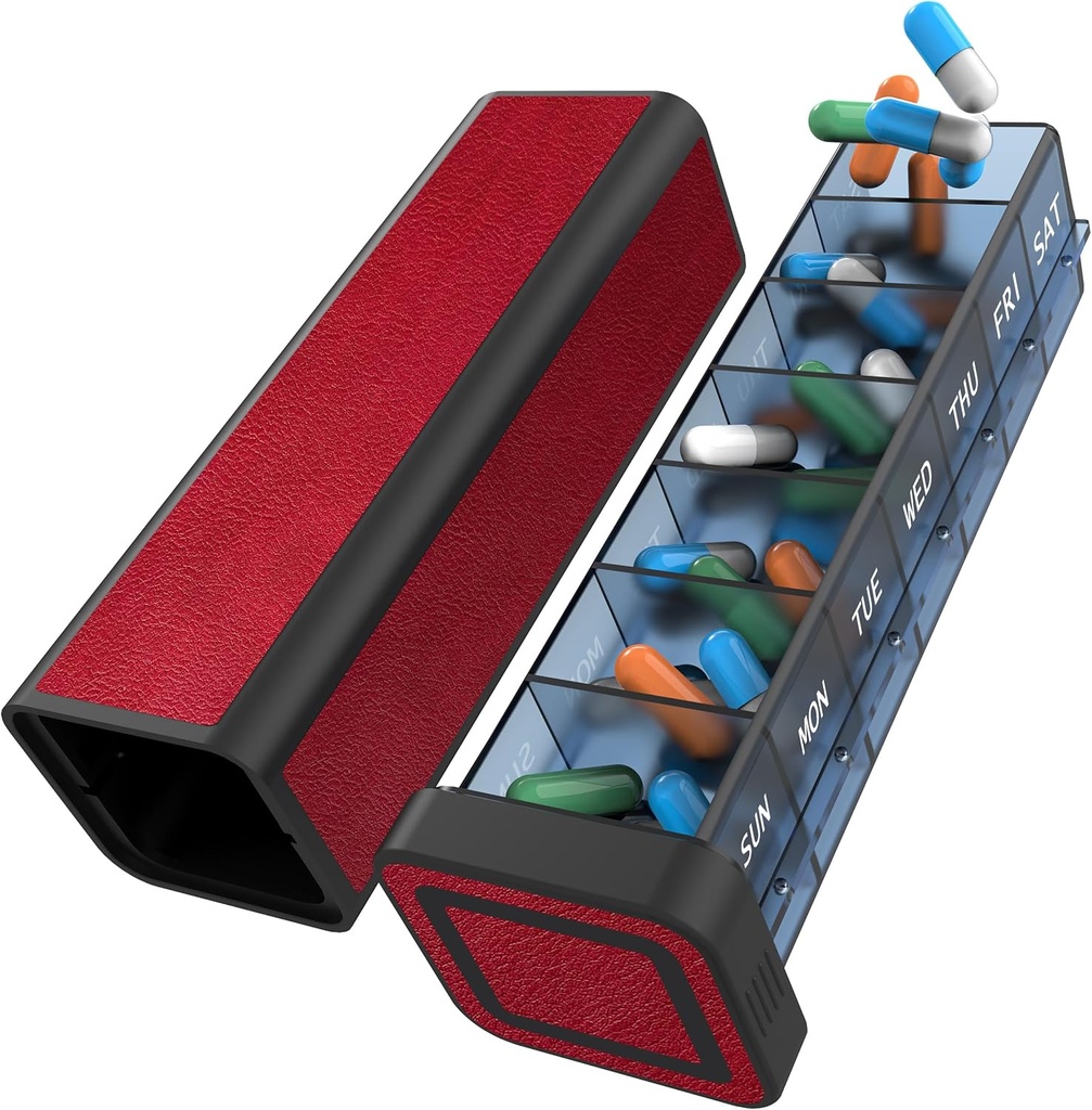 ピルオルガナイザー 1日1回、ピルボックス7日、週刊旅行ピルケース、毎日の大型薬用ホルダー容器、ビタミン、薬、ピル、サプリメント(赤)のための毎日のピルボックスディスペンサー
