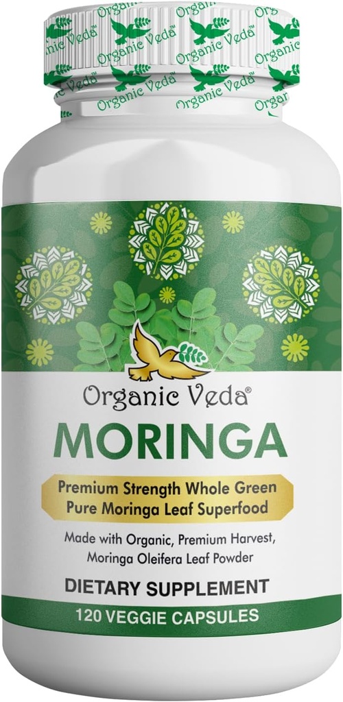 有機Vedaモリンガリーフカプセル1000mg、120カウント - 純粋な未加工Moringa Oleiferaパウダー全葉緑スーパーフードサプリメント - エネルギー、健康、福祉、抗酸化剤の豊富な