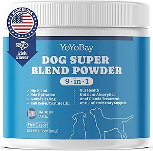 犬のためのサプリメント, 犬は、ペットのためのスーパーブレンドパウダー9を補います, 犬のためのビタミン, アイスランドの魚粉とサポートガット健康, ヒップとジョイント, マルチビタミンサポート, 6.35oz, 魚の味