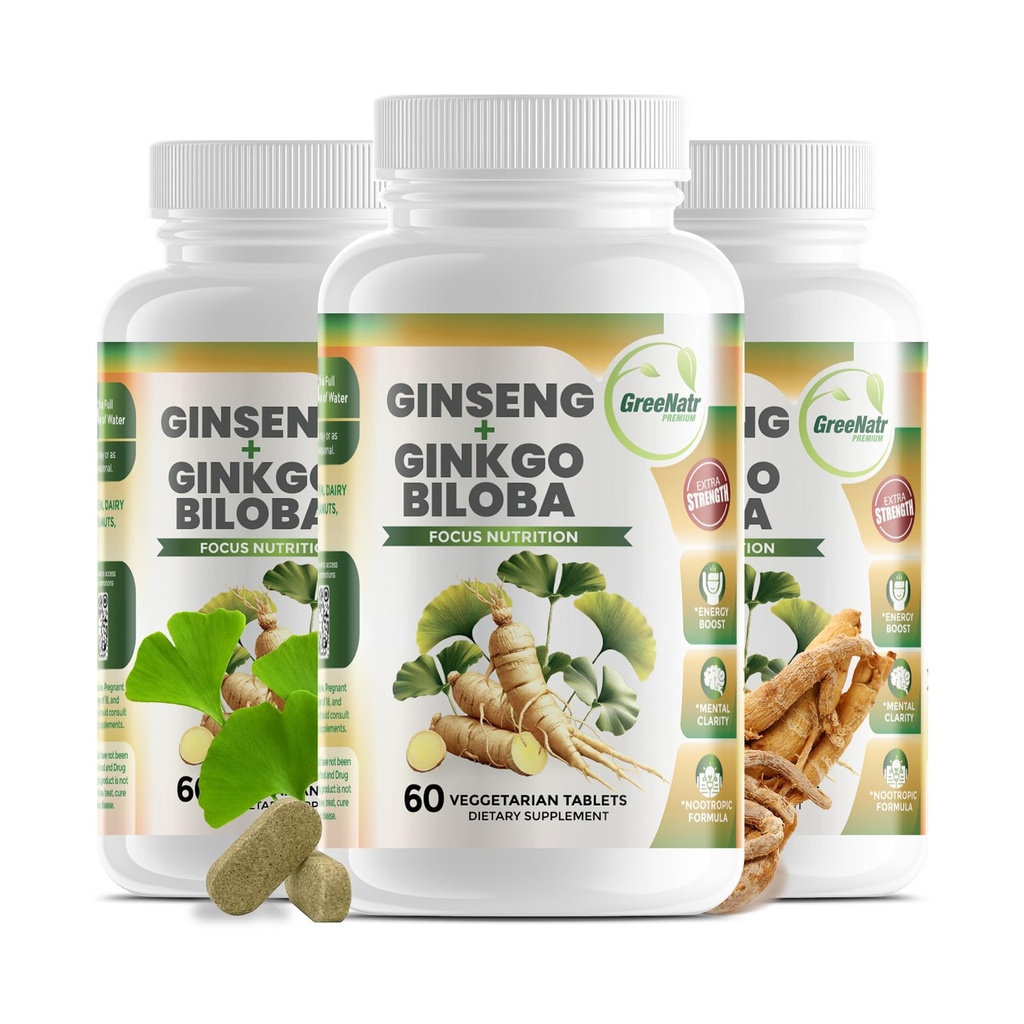 GreeNatr Ginko Biloba&Panax Ginsengサプリメント - 記憶と焦点のための赤いGinseng脳サプリメント - Ginkgo Bilobaは、良好なビジョン、免疫システム、および改善された血流のためのサプリメント - 3ボトル