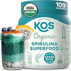 KOS USDAオーガニックスピルリナパウダー、ナチュラルテイスト - 100%ピュア、非照射ビーガングリーンブルースピルリナスーパーフードパウダー、植物ベース - タンパク質、ビタミン、抗酸化剤&繊維、60サービングバッグ