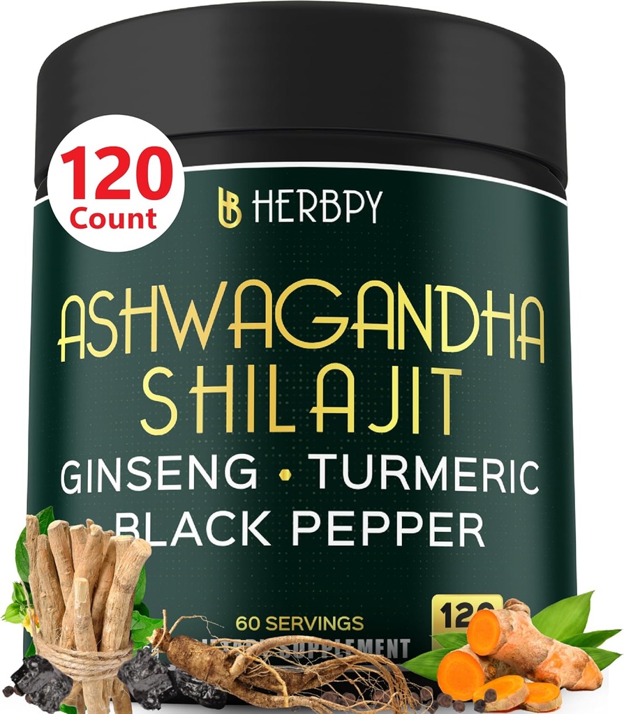 5in1 Ashwagandha Extra Strength with Shilajit for Stamina, Energy & Relaxation Support - Plus Ginseng, Turmeric Root & Black Pepper - 120 Count
