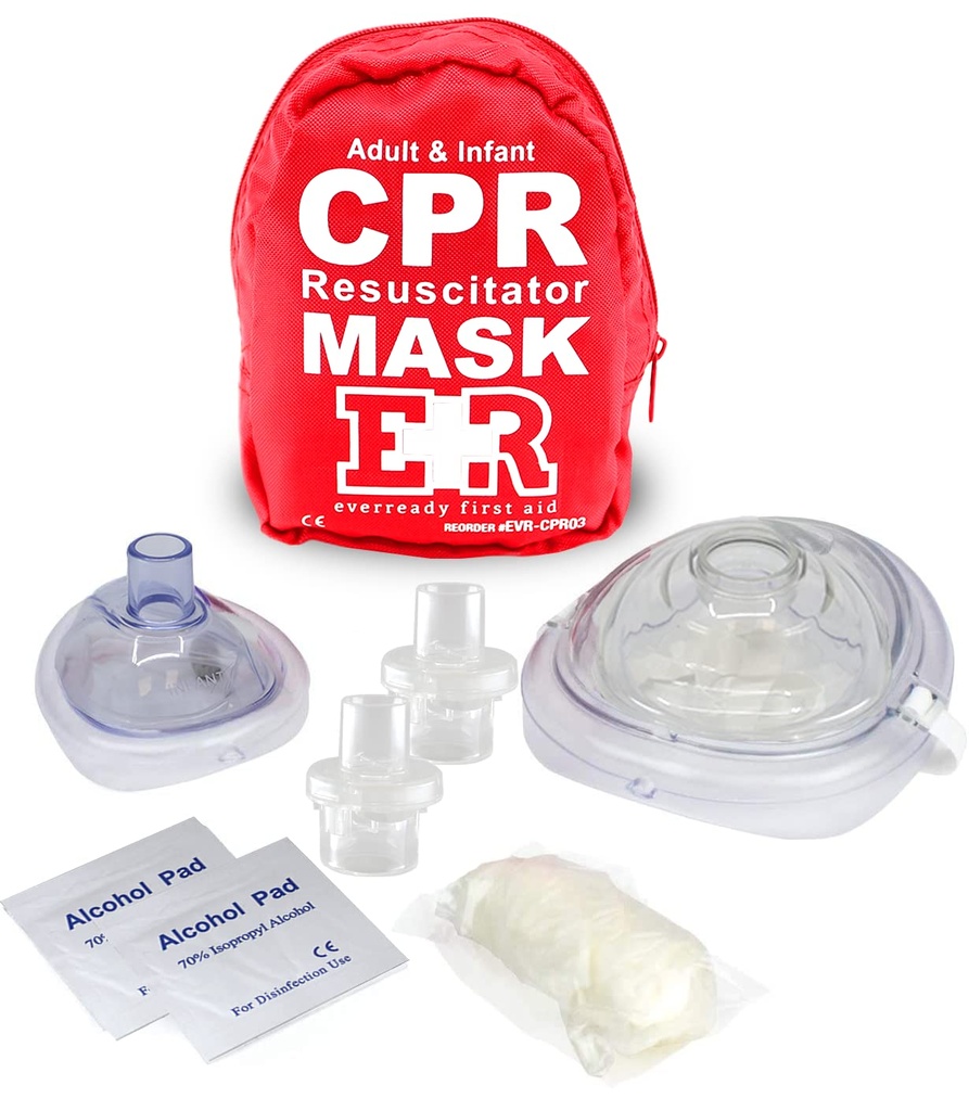 Adult and Infant CPR Mask Combo Kit – Includes 2 CPR Masks with One-Way Valves, Pair of Vinyl Gloves, 2 Alcohol Prep Pads – Portable Emergency CPR Kit – Red