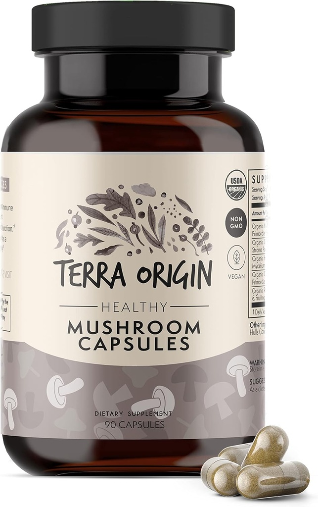 TERRA ORIGIN ヘルシーマッシュルーム サプリメント | 90 カプセル | Reishi, Lions Mane, Changa, Cordyceps, Maitake | Immune & Nootropic Brain サポート | 認定USDA Organic, Non GMO, Vegan