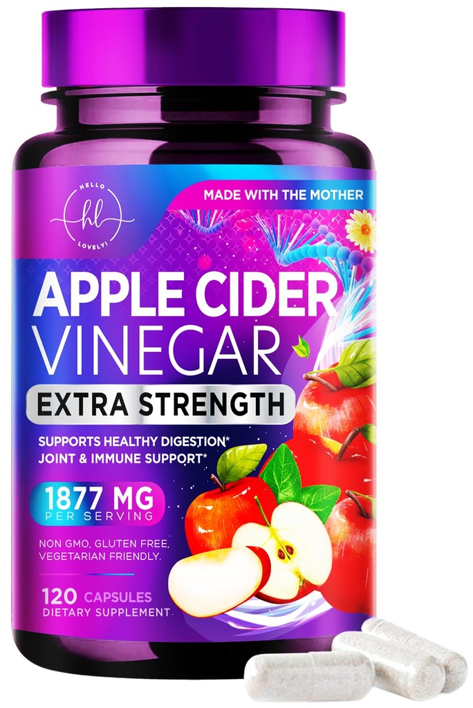 アップルサイダー酢カプセル1877mg - 余分な強度ACV ビタミンD3&亜鉛とピル - 消化、エネルギー&免疫サポート、非GMO、米国でボトル入り - 120カプセル