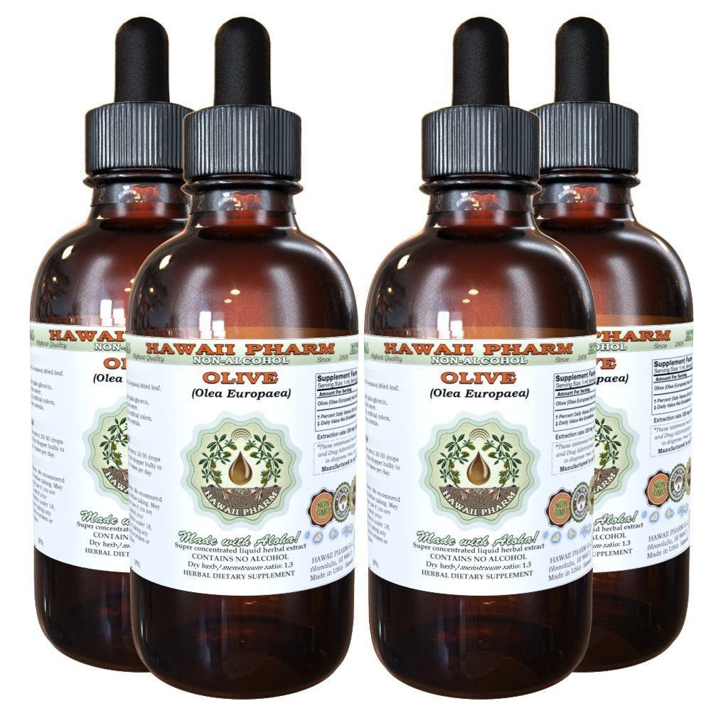Hawaii Pharm Olive Alcohol-Free Liquid Extract, Professional Grade, Small Batch Crafted Olive (Olea europaea) Dried Leaf Glycerite Natural Herbal Supplement, 4x4 fl.oz