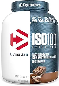 Dymatize ISO100 Whey Protein Powder Isolate, Fudge Brownie, 25g of Protein, 5 Pound, 5.5g BCAAs, Less Than 120 Cal., Gluten Free, 1g Fat, 1g Sugar, 2g Carb (70 Servings)