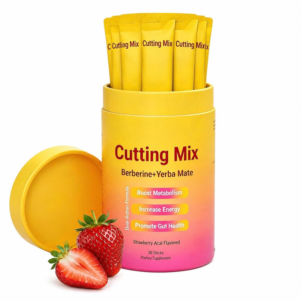 Cutting Drink Mix – 5-HTP, Yerba Mate Sugar-Free, Vegan Non-GMO – 30 Sticks | Cutting Drink Mix - Berberine, Chromium, Satiety & FOS & Sugar-Free, Vegan, Non-GMO | Strawberry Açaí Flavor
