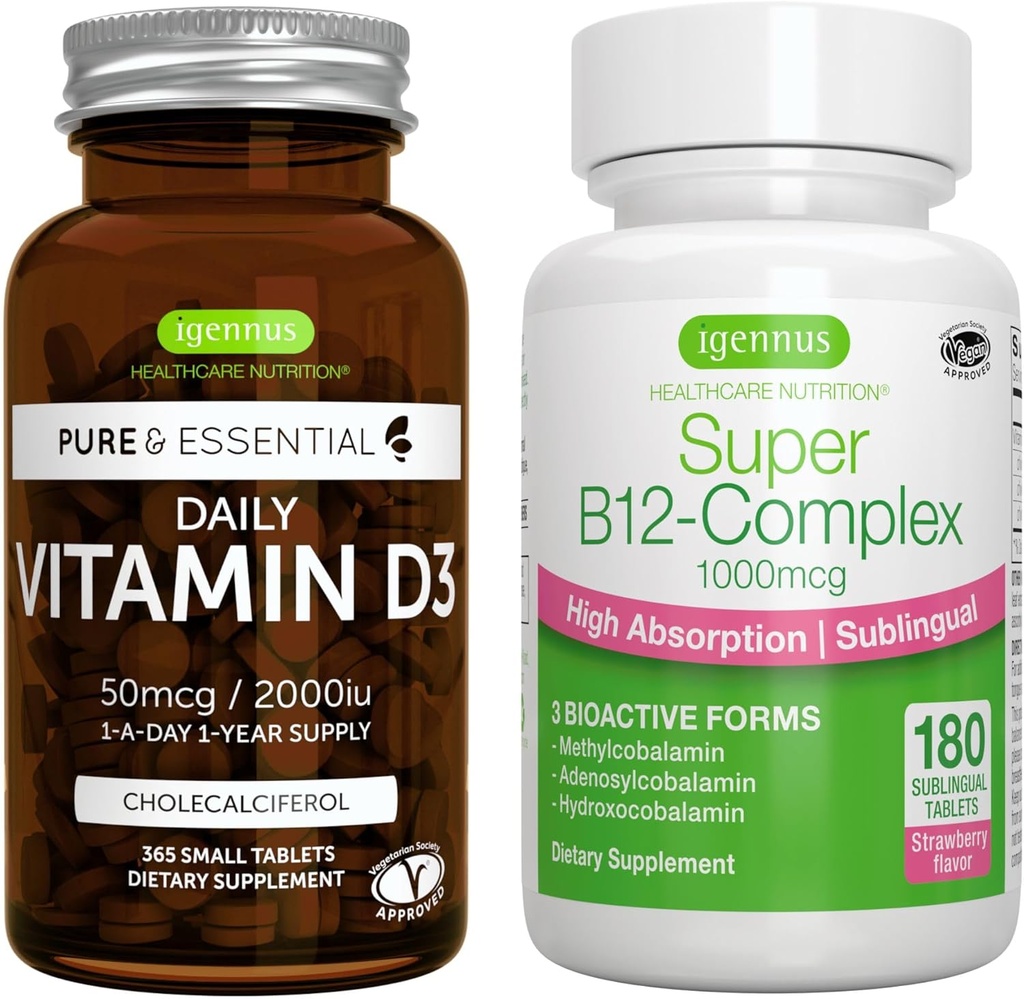 Daily Vitamin D3 + Super B12-Complex, Vegetarian Bundle, 365 2000iu Vitamin D3 Tablets + High Absorption Sublingual B12, by Igennus