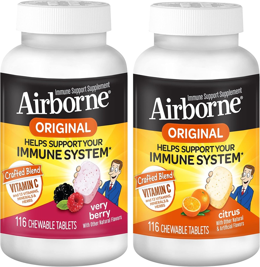 Airborne 1000mg Vitamin C Chewable Tablets Citrus & Very Berry Flavor Bundle - Immune Support Supplement with Zinc and Powerful Antioxidant Vitamins A C & E, (2x116ct bottles)*