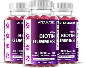 Vitamatic Biotin Gummies 10,000 mcg for Stronger Hair, Skin & Nails - 60 Vegan Gummies - Also Called Vitamin B7 (3 Bottles)
