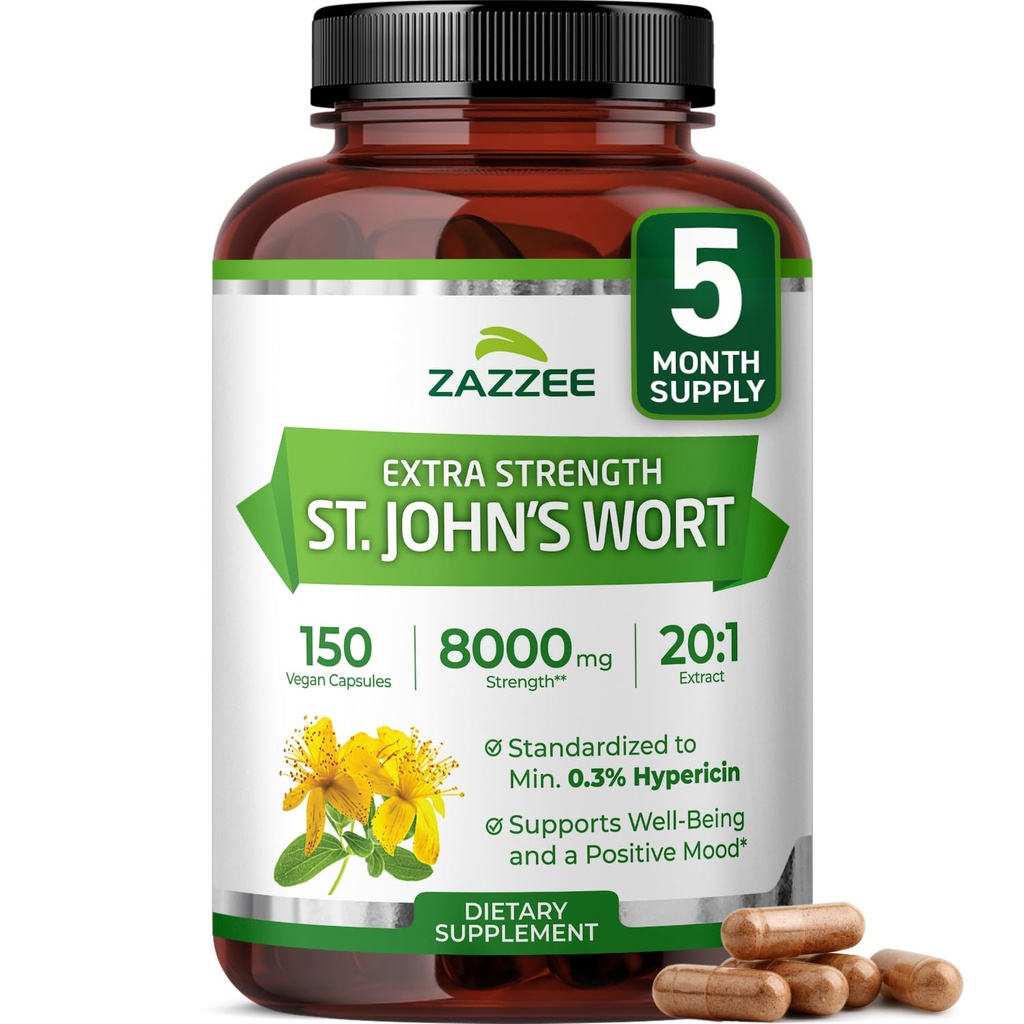 Zazzee Extra Strength St. John's Wort 20:1 抽出物, 8000 mg 強度, 0.3% Hypericin, 150 ビーガンカプセル, 5 ヶ月の供給, 集中, 標準化 20X 抽出物, 100% ベジタリアン, 非GMO, オールナチュラル