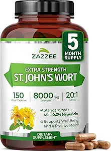 Zazzee Extra Strength St. John's Wort 20:1 抽出物, 8000 mg 強度, 0.3% Hypericin, 150 ビーガンカプセル, 5 ヶ月の供給, 集中, 標準化 20X 抽出物, 100% ベジタリアン, 非GMO, オールナチュラル
