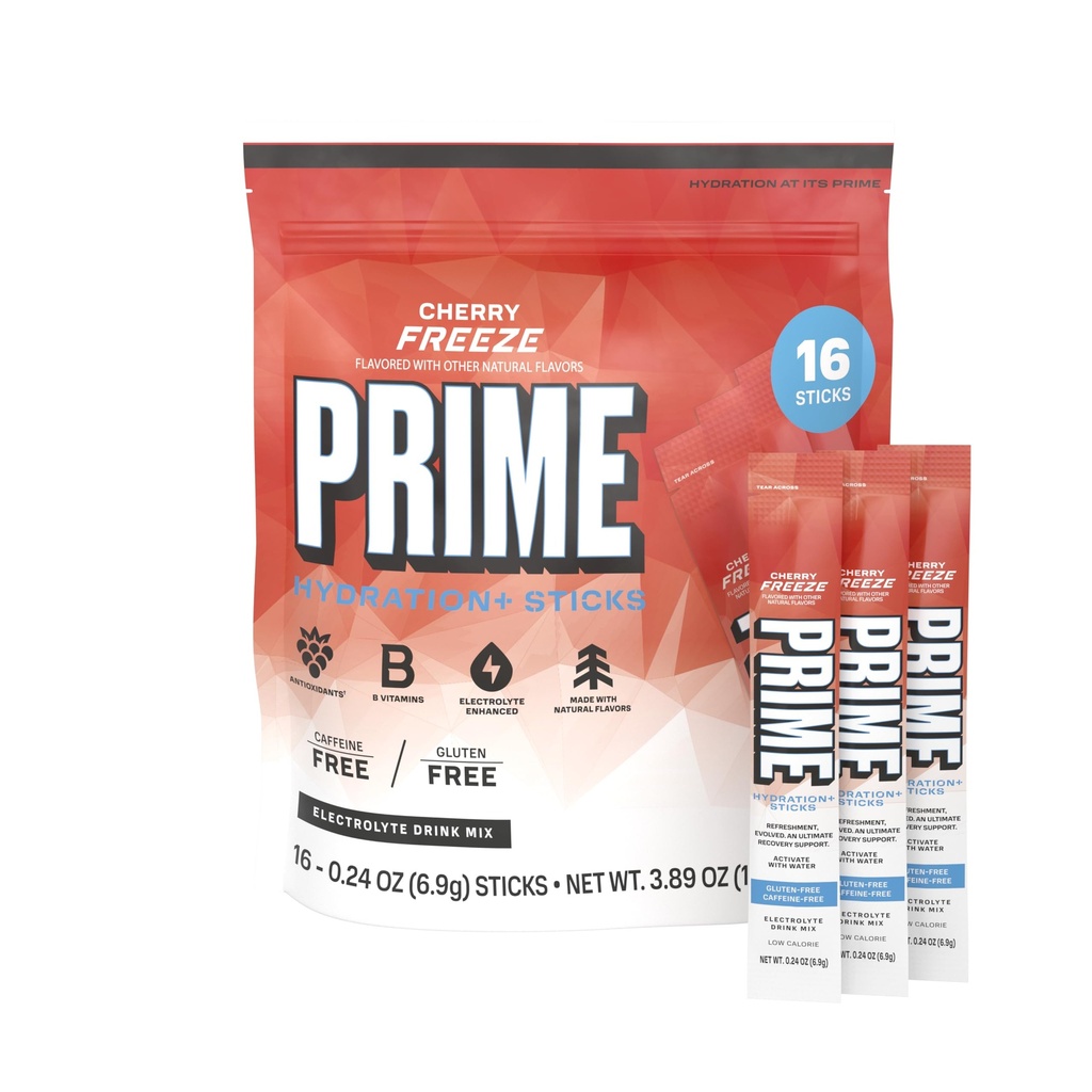 PRIME HYDRATION+ スティック チェリーフリーズ | ハイドロレーション パウダー シングル サーブ スティック | 電解質パウダー オン ゴー | 低糖 | カフェインフリー | ヴィーガン | 16 スティック
