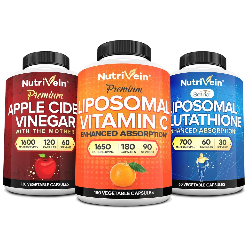 Nutrivein Premium Liposomalグルタチオン、Apple Cider Vinegarカプセル、およびビタミンCサプリメントバンドル:ビタミンC、ACVカプセル、およびセルラー防衛&デトックス用グルタチオンサプリメントバンドル
