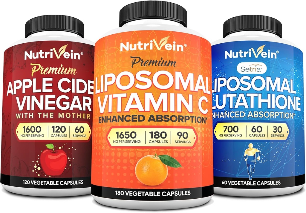 Nutrivein Premium Liposomalグルタチオン、Apple Cider Vinegarカプセル、およびビタミンCサプリメントバンドル:ビタミンC、ACVカプセル、およびセルラー防衛&デトックス用グルタチオンサプリメントバンドル