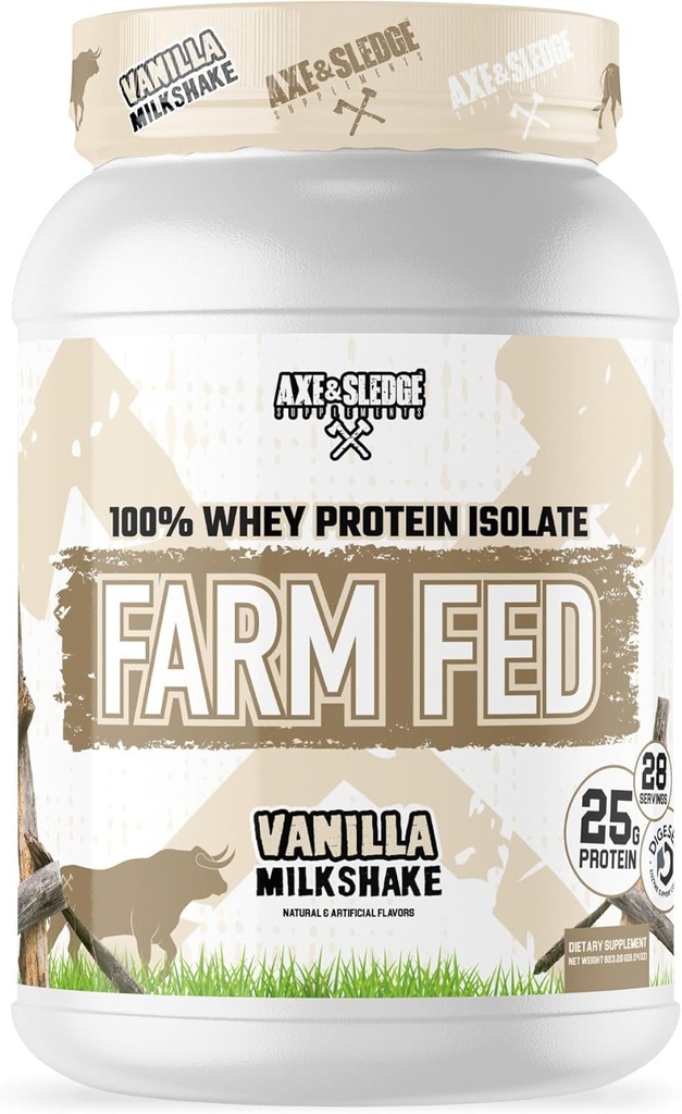 Axe&Sledge Farm Fed 100% Whey Protein Isolate | 25g たんぱく質 | 低炭水化物・低糖・グルテンフリー | 男性・女性向けタンパク質パウダー | ケト | アメリカ製 | 28 米・バニラミルクセーク