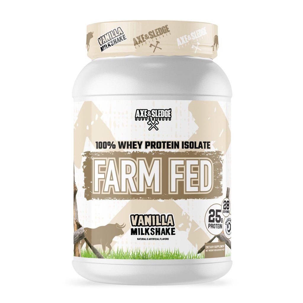 Axe&Sledge Farm Fed 100% Whey Protein Isolate | 25g たんぱく質 | 低炭水化物・低糖・グルテンフリー | 男性・女性向けタンパク質パウダー | ケト | アメリカ製 | 28 米・バニラミルクセーク