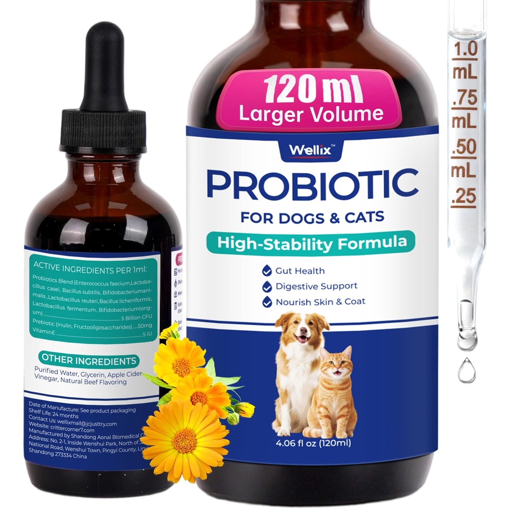 Wellix 120ml Liquid Probiotic for Cats & Dogs, Aiding Digestive Health | 8-Strain Probiotics for Cat & Dog Digestive Support, Dry Skin Relief, Stool Formation for Cats & Dogs of All Ages