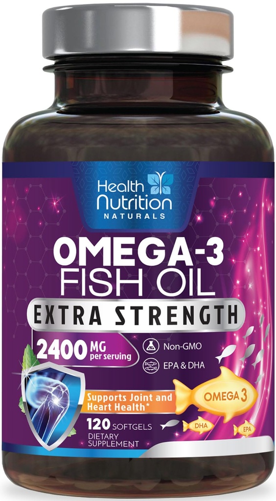 オメガ3魚油2400mg - トリプル強度オメガ3、EPA&DHA脂肪酸サプリメント - 免疫、心臓&脳の健康のための自然なサポート - ワイルドキャッチ、非GMO、レモン風味、バープレス - 120 Softgels
