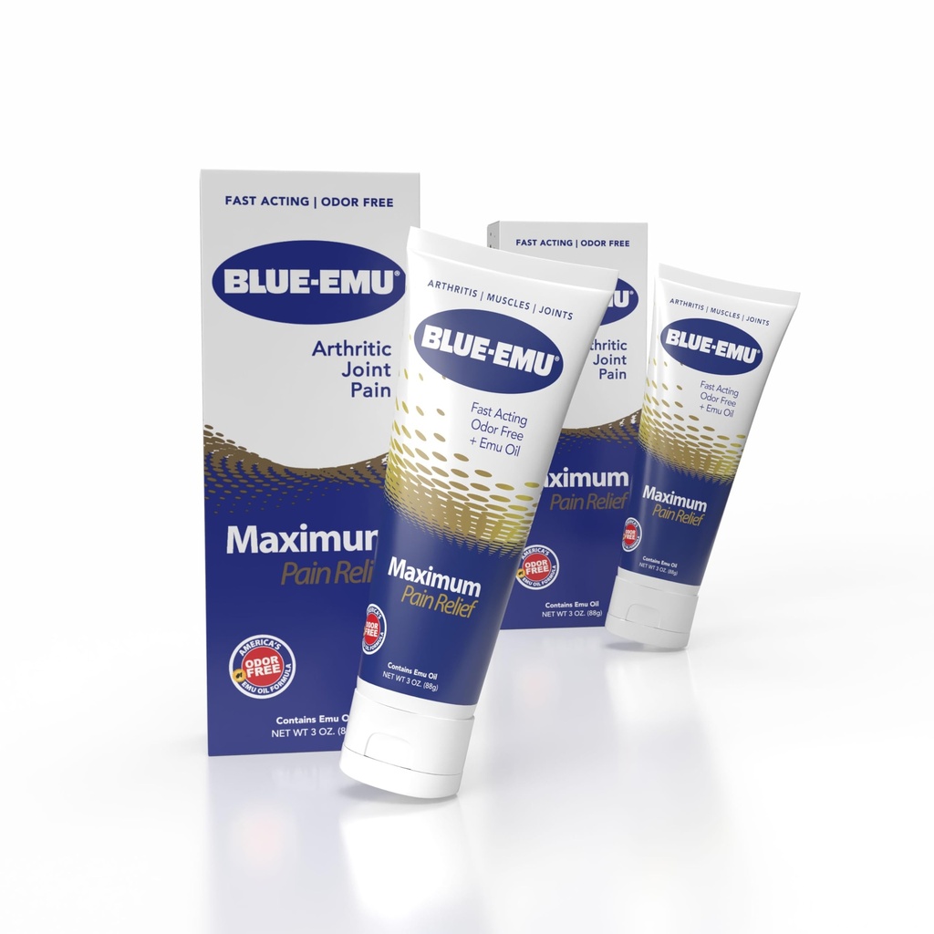BLUE-EMU Maximum Pain Relief Cream for Arthritis & Joint Pain, 3 oz, 2 Pack | Topical cream gives relief to arthritis, muscle aches, joint pain, sprains, & strains. Free of NSAIDs, menthol, & camphor.