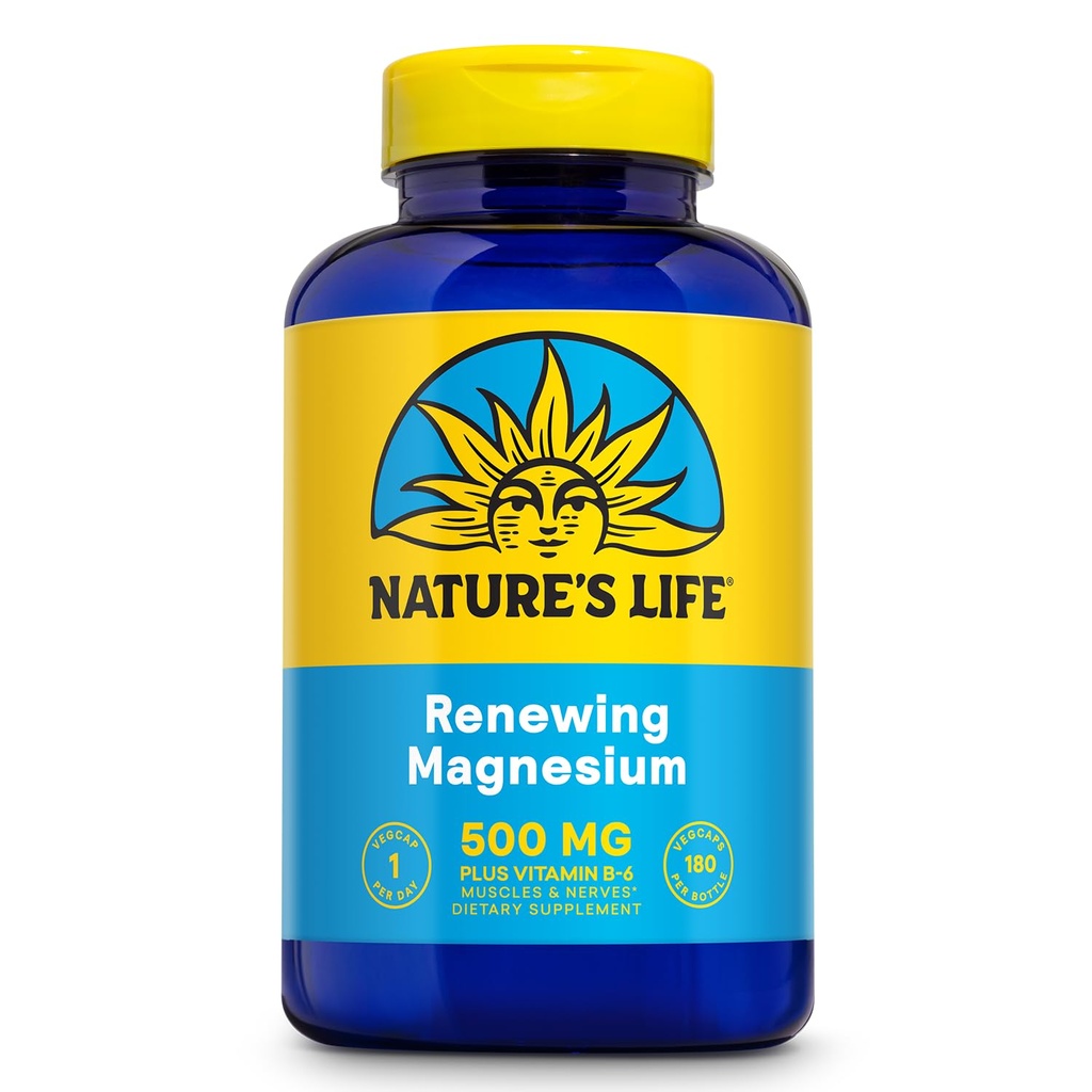 Natures Life Renewing Magnesium 500 mg - Plus Vitamin B-6 - Muscles and Nerves Support - Lab Verified (180 Servings, 180 VegCaps)
