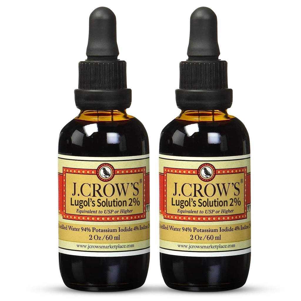 ヨウ素のJ.CROW'S® Lugolの溶液2% 2オンス(2ボトル) - プレミアムヨウ素&カリウムヨウ素液、グルテン&、アルコールフリー天然塩エキス、有効期限なし