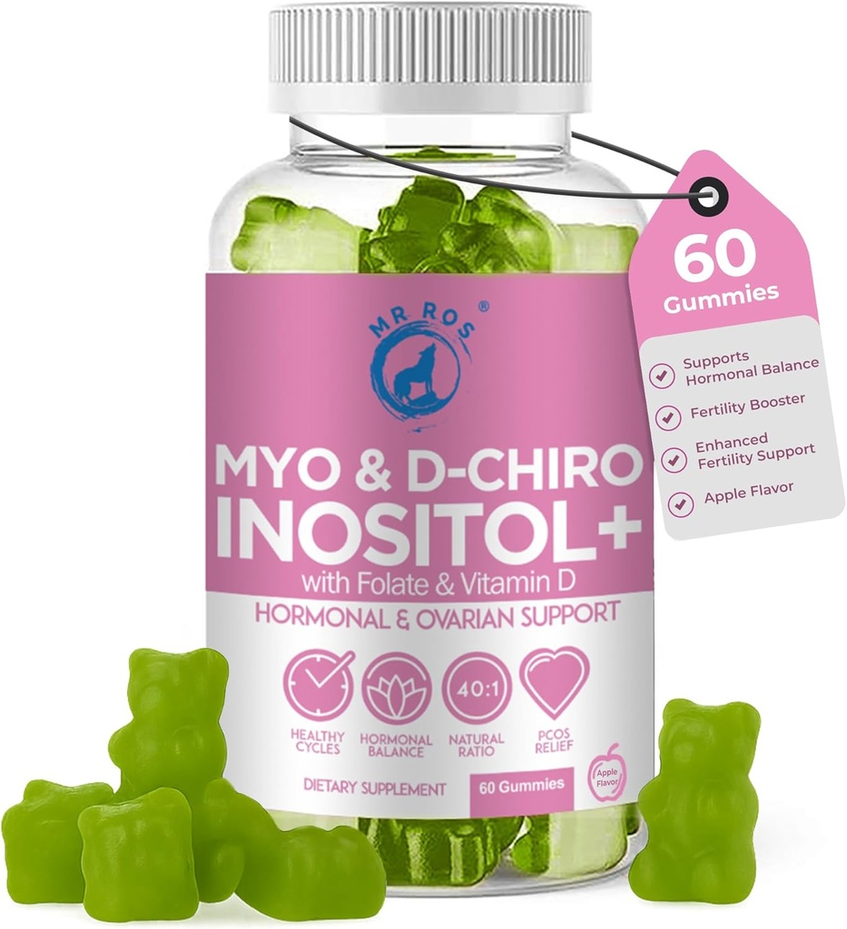 フォレート&ビタミンDとイノシトールグミーPCOS - Myo&D-Chiroイノシトールブレンド、40:1レシオ、60アップルフレーバーグミー