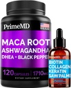 4-in-1 Liquid Biotin Collagen Keratin Saw Palmetto Drops (2 fl oz - 1 Pack) & 6-in-1 Maca Root Ashwagandha w Black Pepper Fruit (120ct) Bundle - Hair, Skin, Nails, Energy & Mood Support Supplement